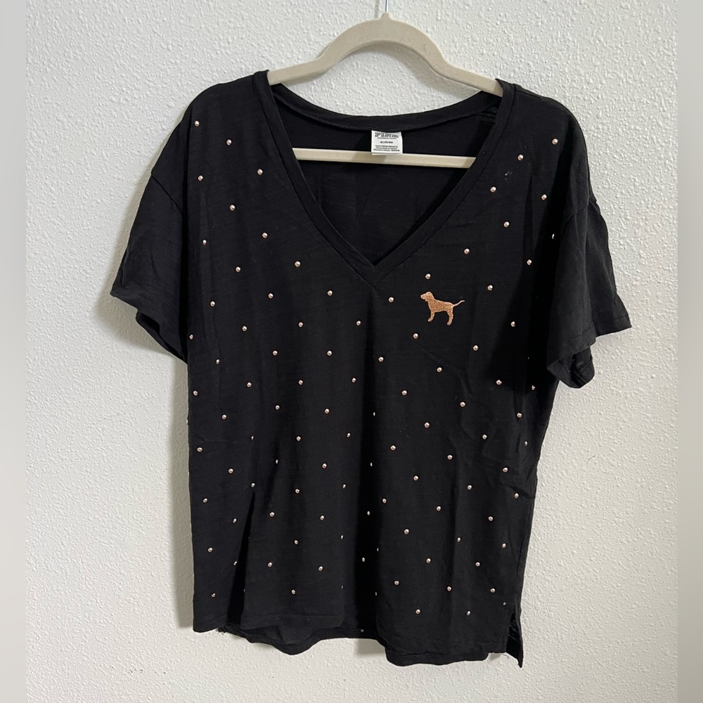 PINK Victoria’s Secret black vneck short sleeve tee rose gold bling front & back